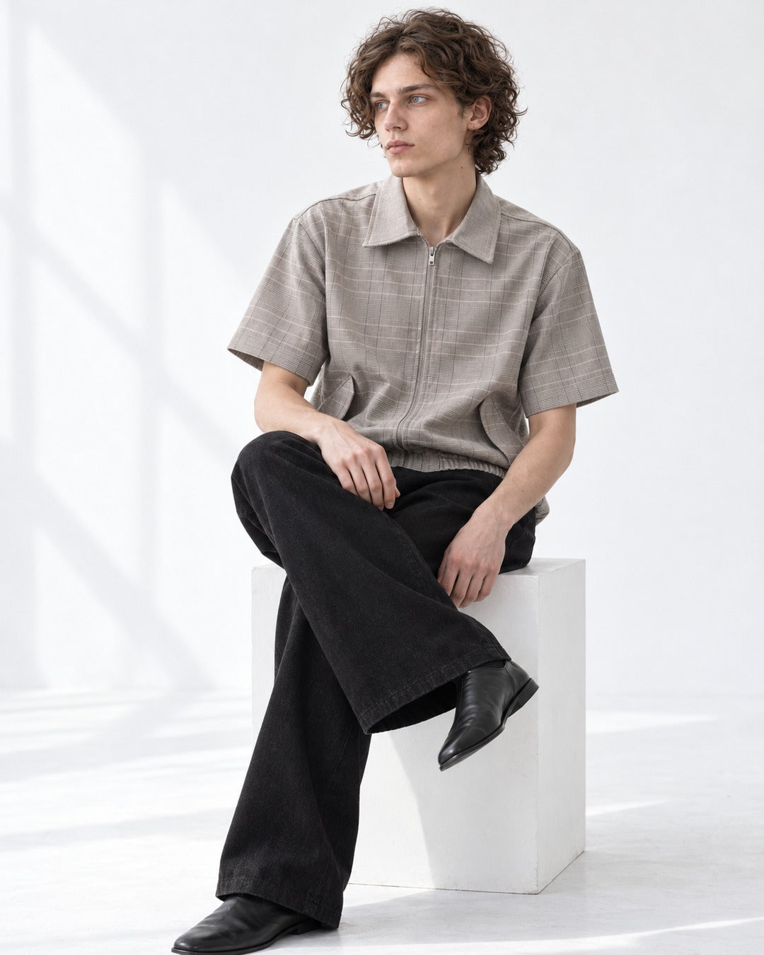 Plaid Zip Short-Sleeve Shirt Jacket
