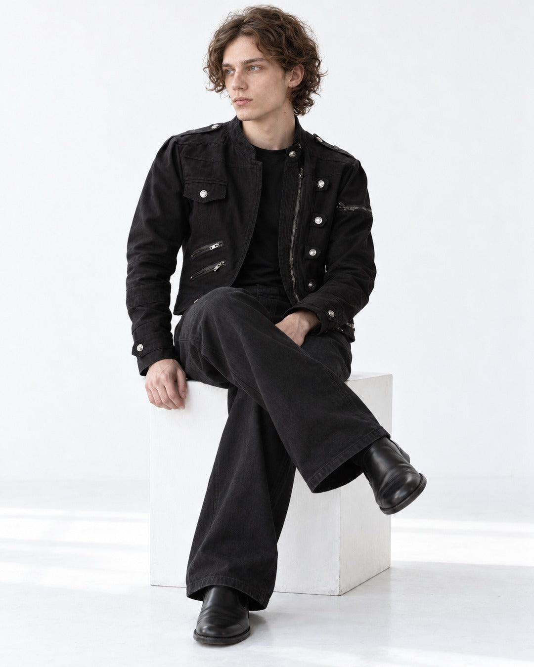 Studded Diagonal-Zip Stand Collar Jacket