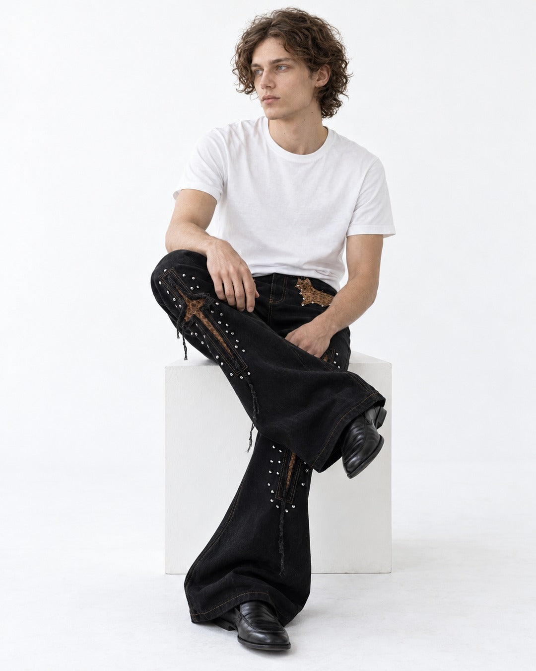Studded Cross Patch Flared Jeans