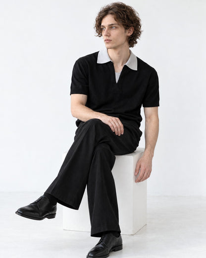 Gray Collar Black Knit Polo Shirt