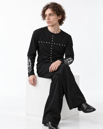 Studded Cross Print Sleeve Long Sleeve Tee