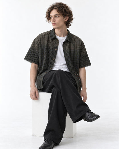 Frayed Hem Faded Plaid Short Sleeve Shirt