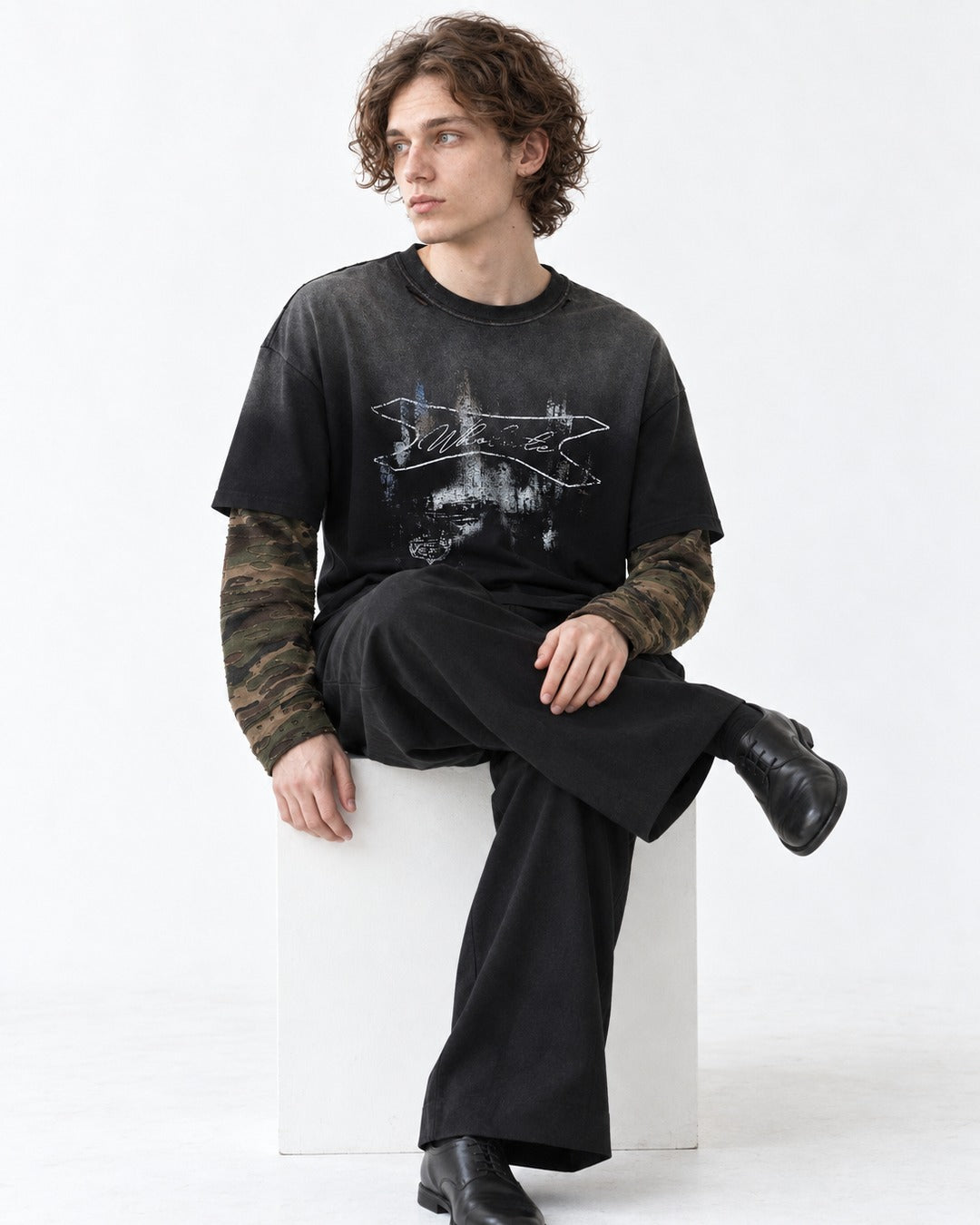 Camouflage Patchwork Gradient Wash Layered-Look T-Shirt