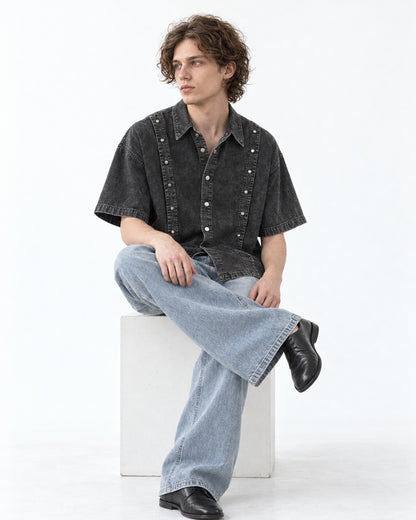 Studded-Collar Denim Shirt