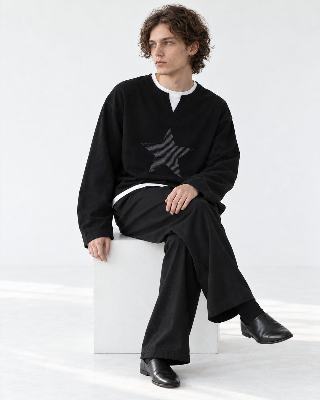Star Patch Layered Notch Neck Sweatshirt