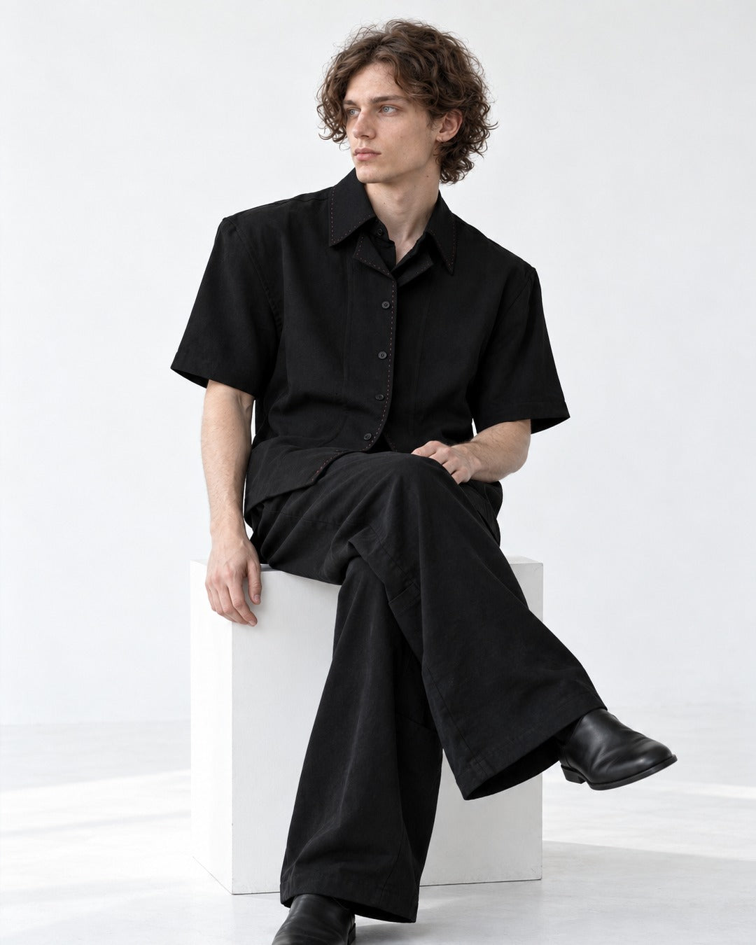 Double Collar Hand-Stitched Short-Sleeve Shirt