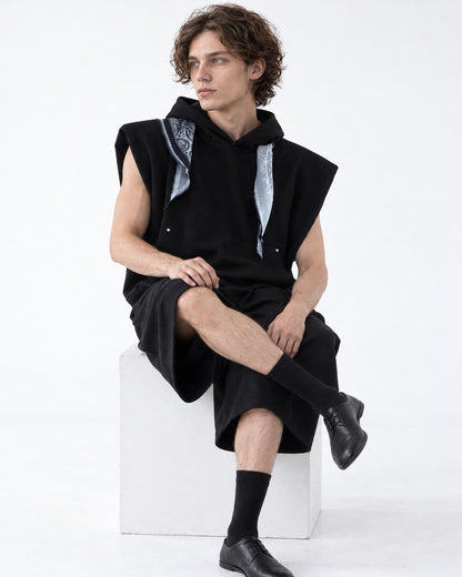 Bandana Hood Sleeveless Vest and Wide Shorts Set-Up