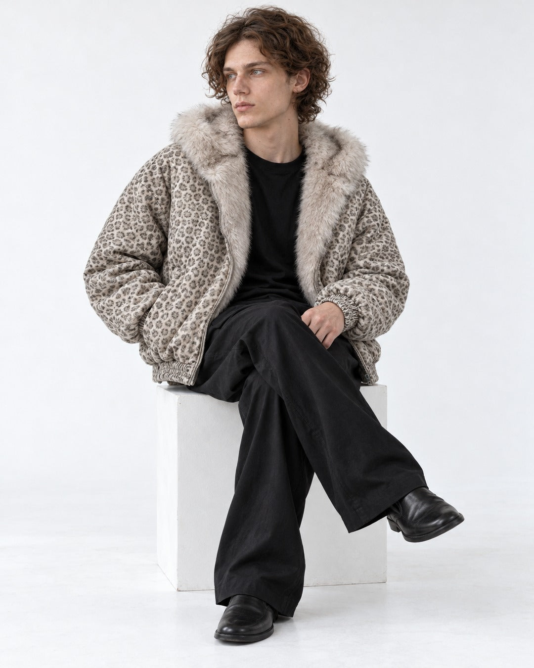 Leopard Print Hooded Jacket with Plush Collar