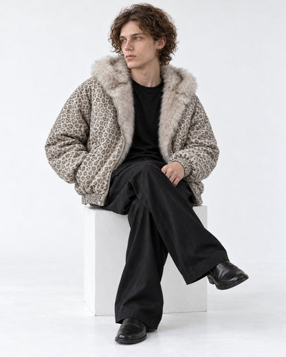 Leopard Print Hooded Jacket with Plush Collar
