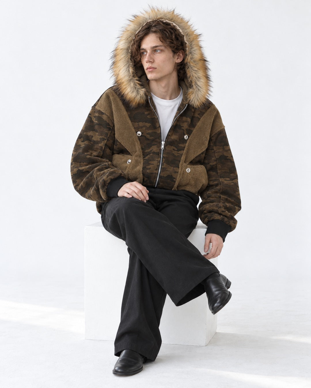 Camouflage Panelled Hooded Bomber with Fur Trim