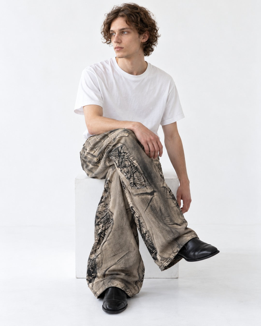 Scribble Patch Chevron Wide-Leg Jeans