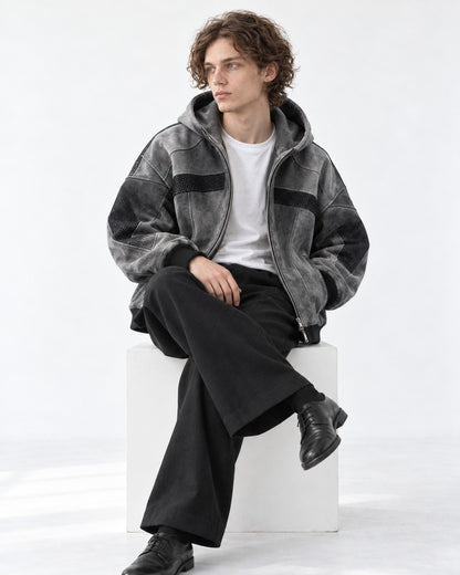 Washed Paneled Hooded Zip Jacket