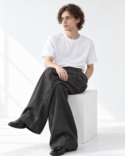Pleated Wide-Leg Trousers with Side Embroidery