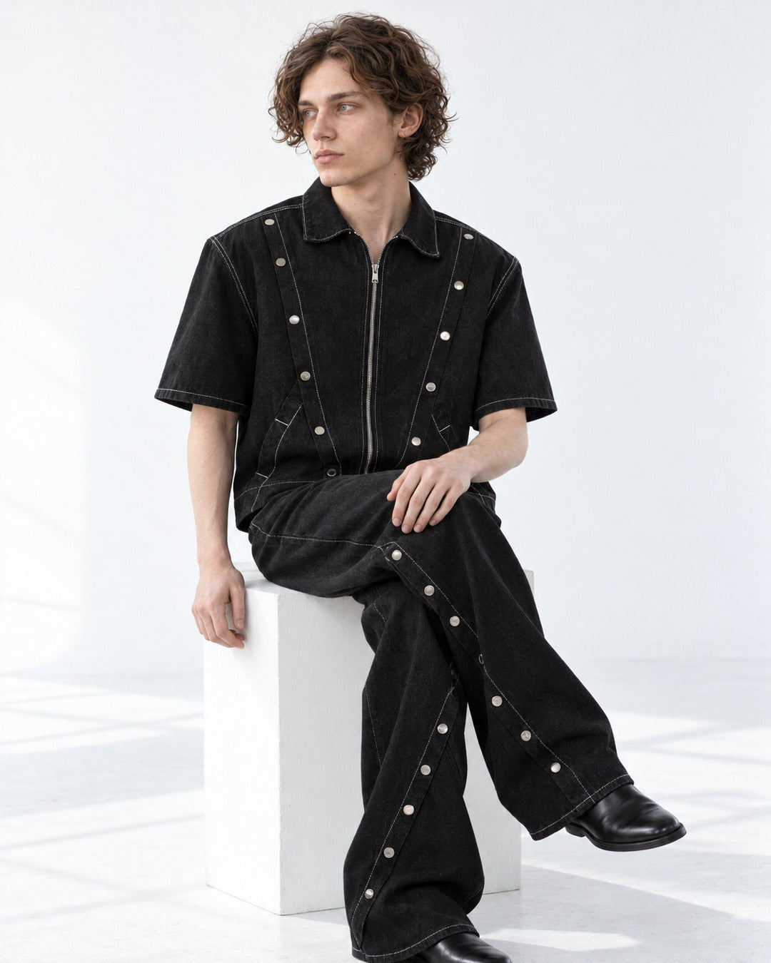 Multi-Button Contrast Stitching Denim Suit Set-Up