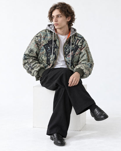 Graffiti Print Hooded Bomber Jacket