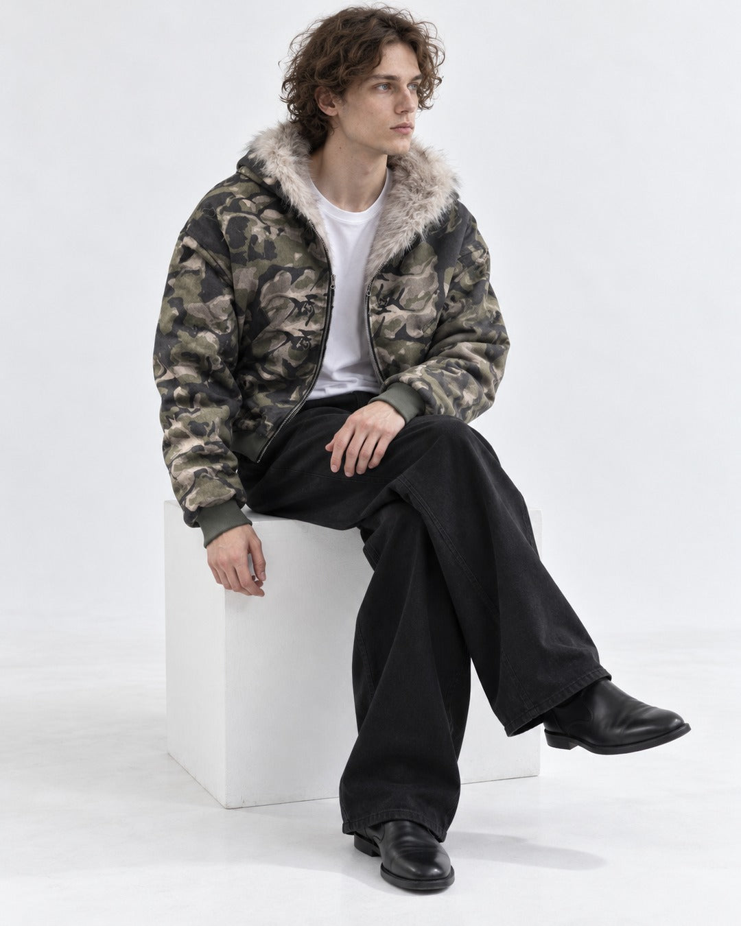 Camouflage Fur-Lined Hooded Bomber Jacket