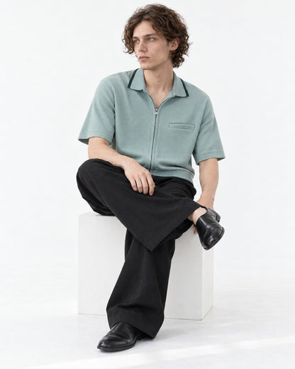 Waffle Knit Zip-Up Short Sleeve Shirt with Contrast Trim