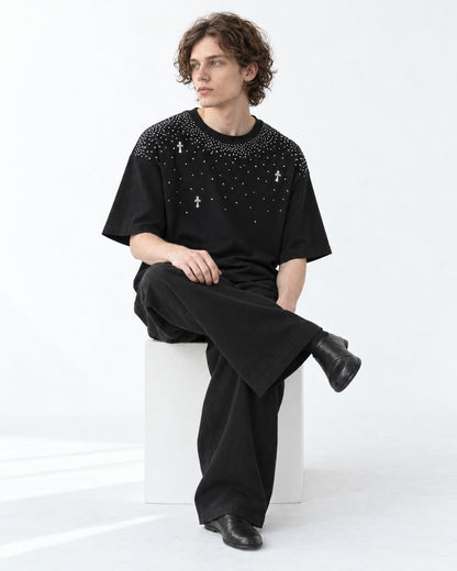 Scattered Rhinestone Cross T-Shirt