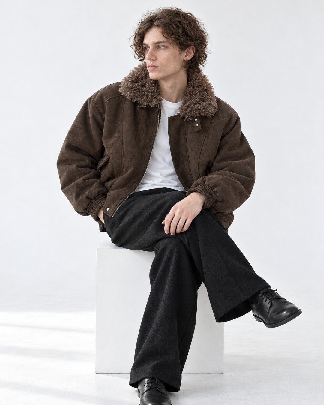 Shearling Collar Suede-Look Bomber Jacket