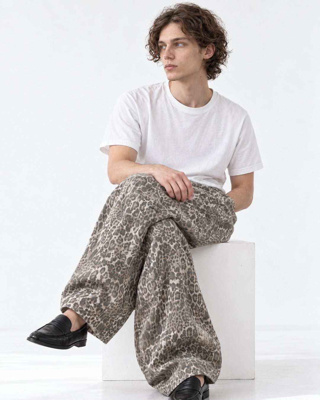 Washed Leopard Barrel Wide-Leg Pants