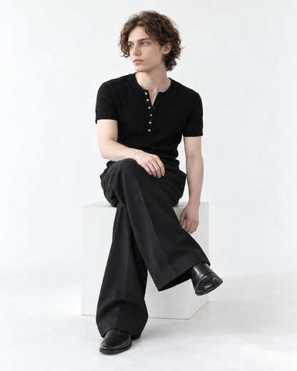 Ribbed Henley Tee with Metal Buttons