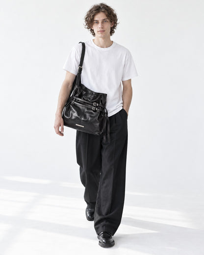 Glossy Black Buckle Strap Shoulder Bag