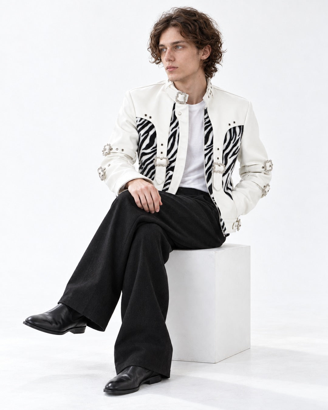 Faux Zebra Print Fur Patchwork Leather Jacket