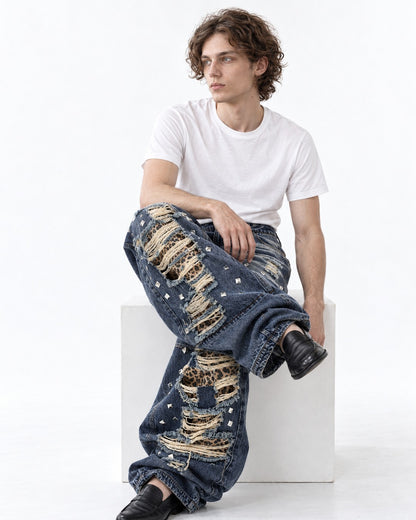 Leopard Patchwork Ripped Jeans