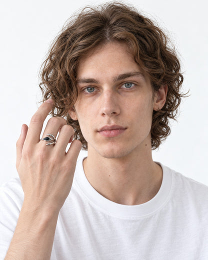 Clawed Black Stone Open Ring