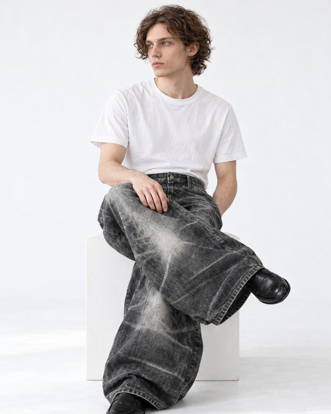 Whiskered Faded Wide-Leg Jeans