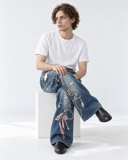 Chain Ribbon Embellished Jeans