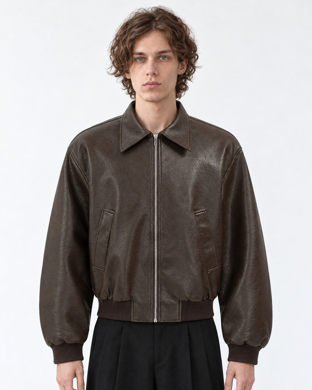 Boxy Shoulder-Pad Leather Bomber