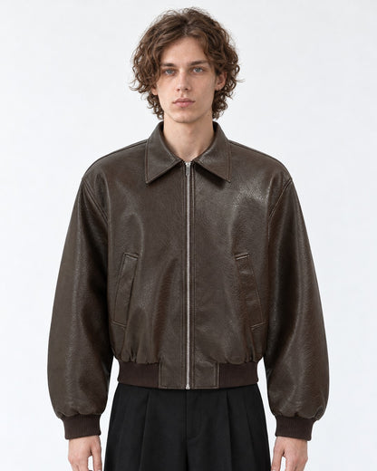 Boxy Shoulder-Pad Leather Bomber