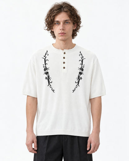 Vine Embroidered Henley Knit Top