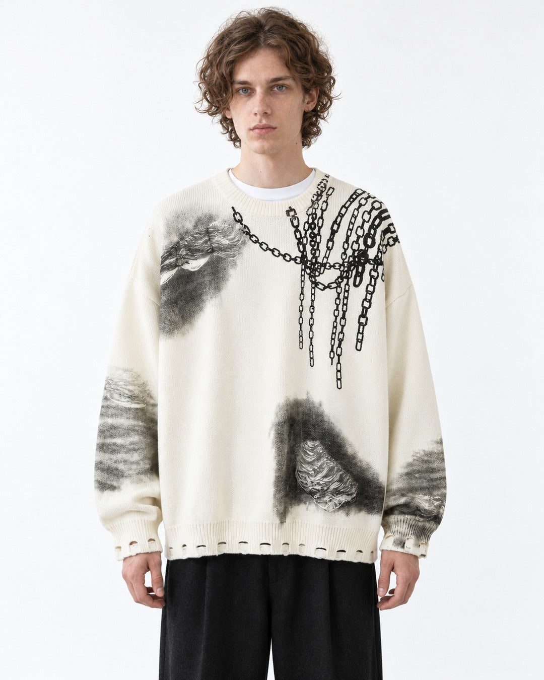 Chain-Print Distressed Sweater