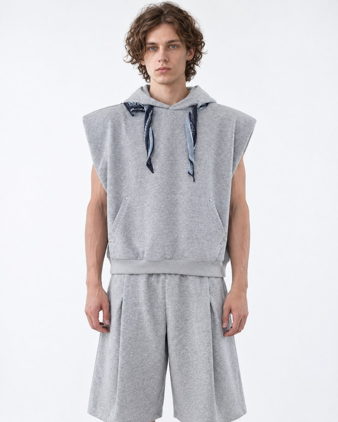 Bandana Hood Sleeveless Vest and Wide Shorts Set-Up