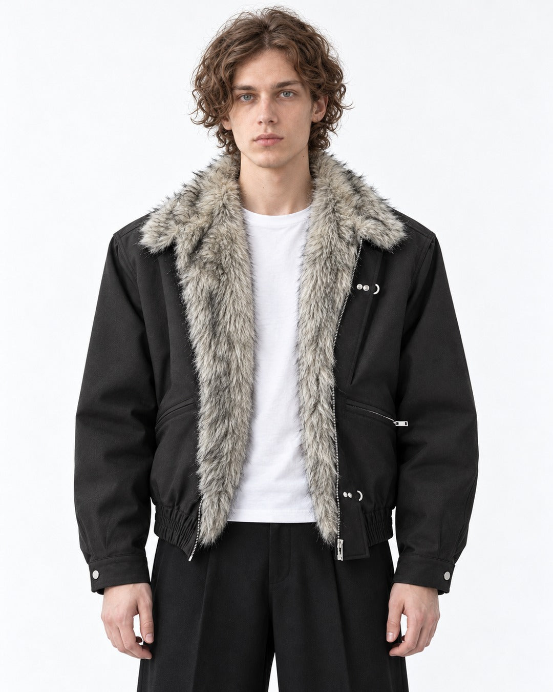 Hook Clasp Fur Collar Bomber Jacket