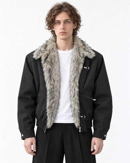 Hook Clasp Fur Collar Bomber Jacket