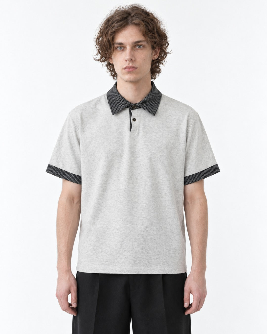 Woven Collar Patchwork Polo Shirt