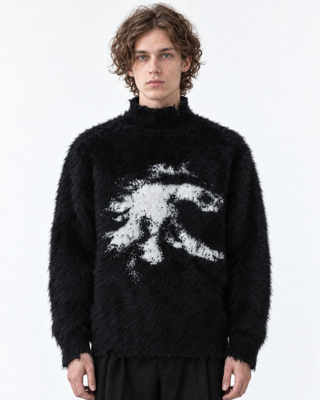 Brushed Horse-Intarsia Mock-Neck Sweater