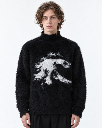 Brushed Horse-Intarsia Mock-Neck Sweater