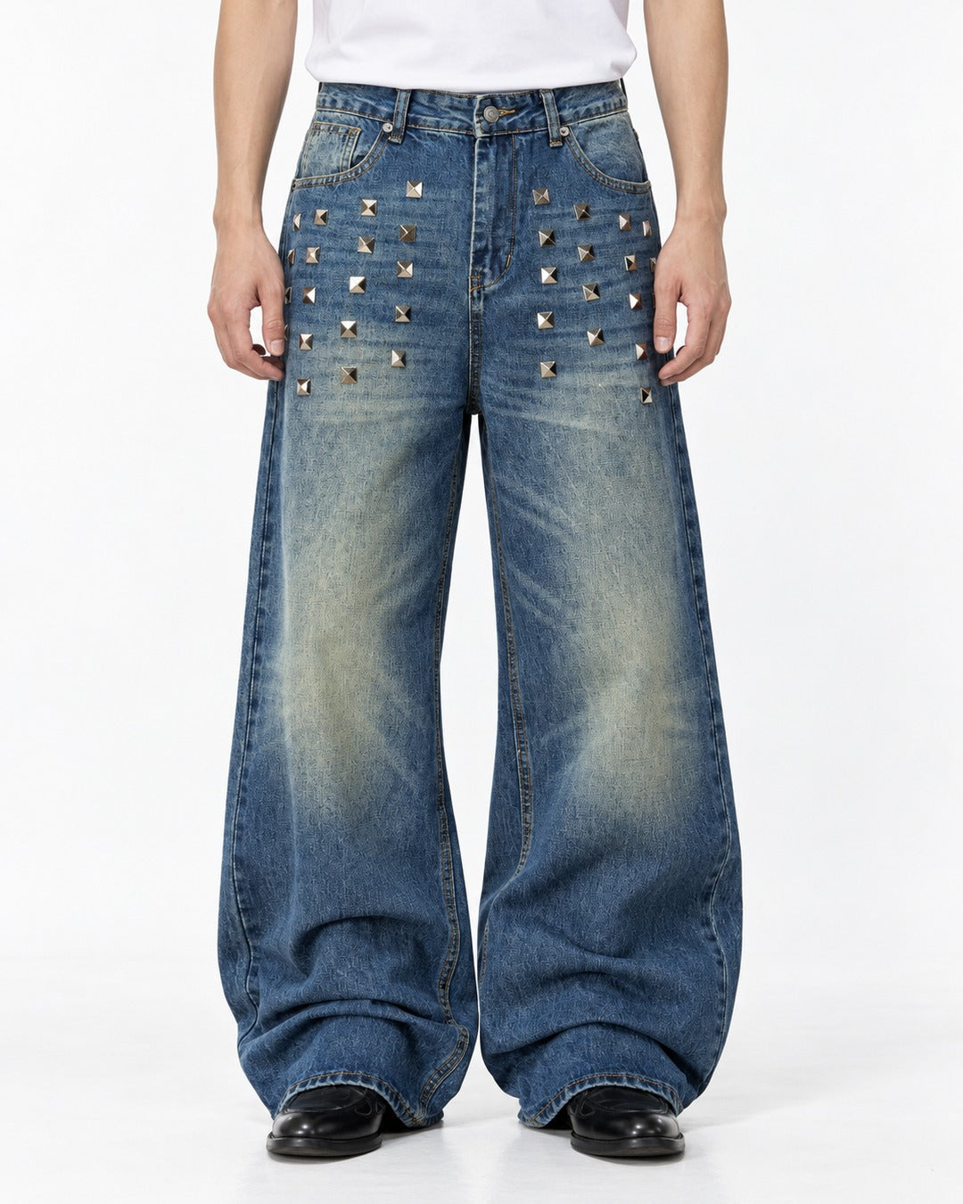 Studded Distressed Wide Jeans