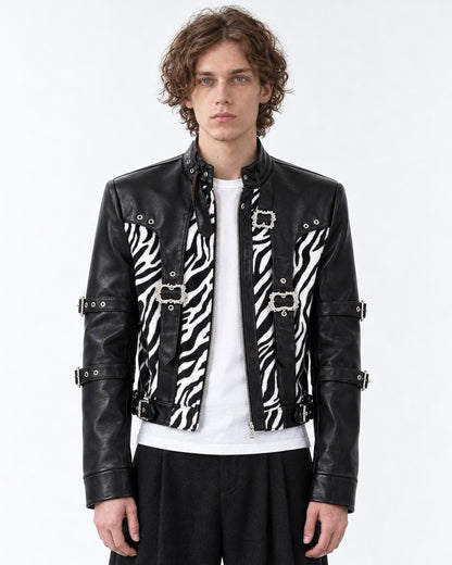 Faux Zebra Print Fur Patchwork Leather Jacket