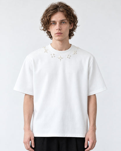 Pearl Flower Neckline T-Shirt