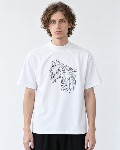 Horse Head Embroidered Mock-Neck T-Shirt