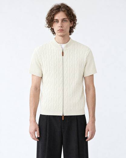 Cable-Knit Short-Sleeve Zip Cardigan