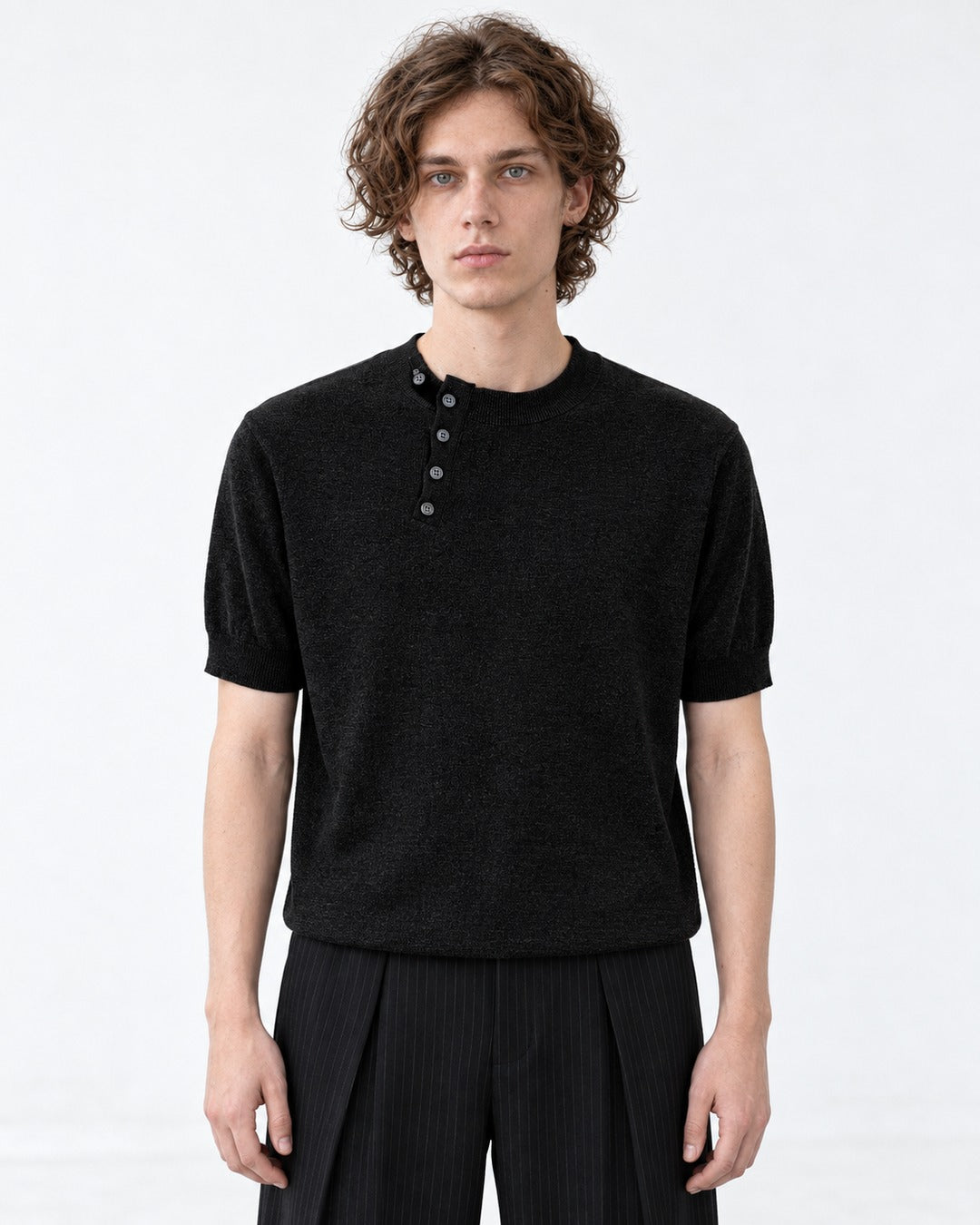 Diagonal-Button Henley Knit Top