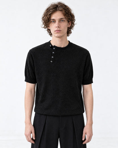 Diagonal-Button Henley Knit Top