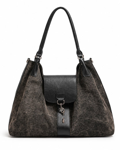 Distressed Canvas Hobo Bag with Black Flap