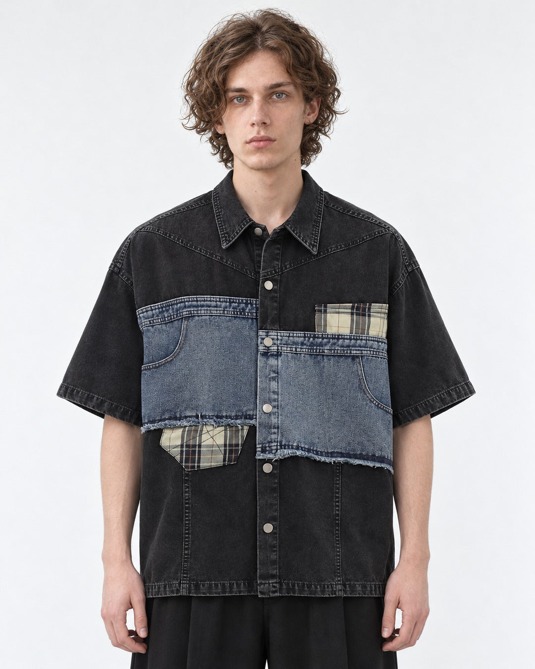 Distressed Denim Patchwork Short-Sleeve Shirt